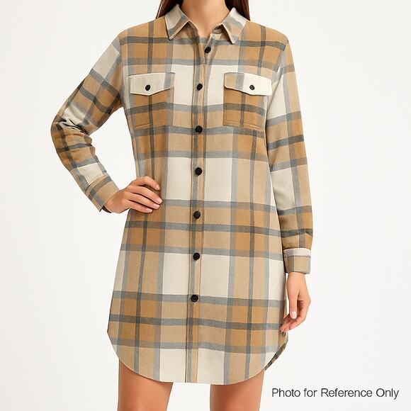 Shein Women's Brown Plaid Button Up Pocket Classic Look Shirt Dress Size Large - Picture 1 of 7